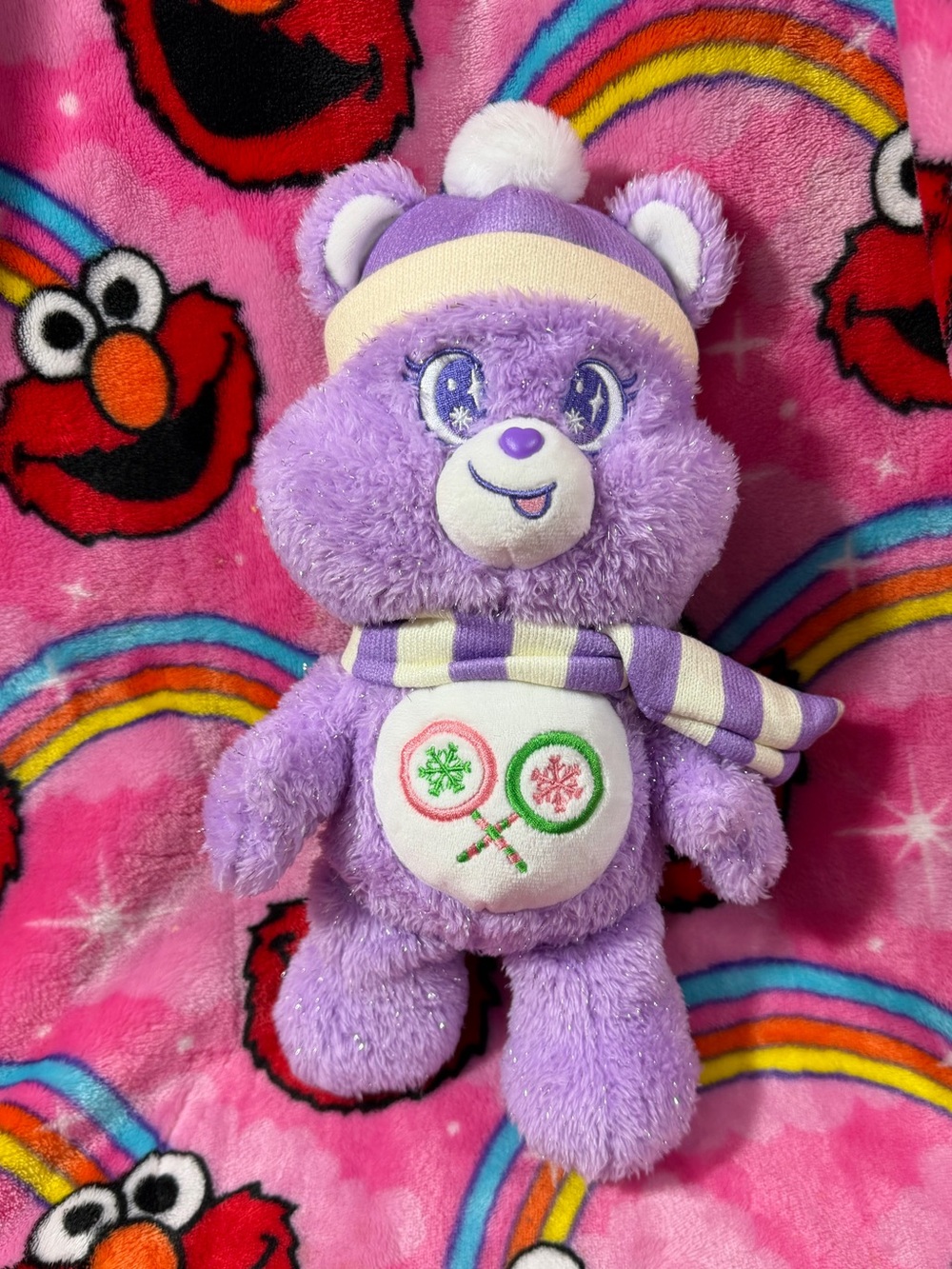Care Bears Purple Winter Bear Plush Hat Scarf Kawaii Cozy Gift Soft Toy
